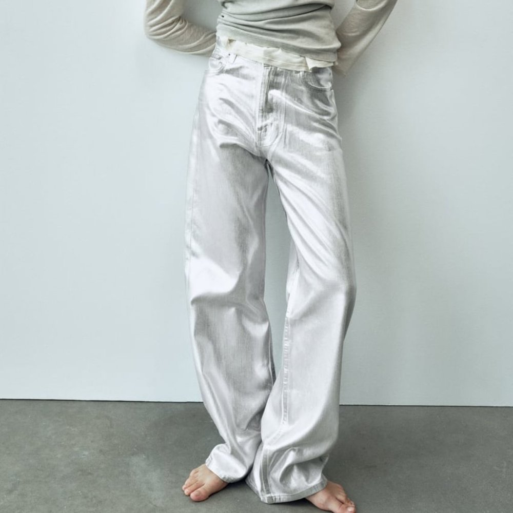 NWT ZARA METALLIC HIGH RISE JEANS WHITE